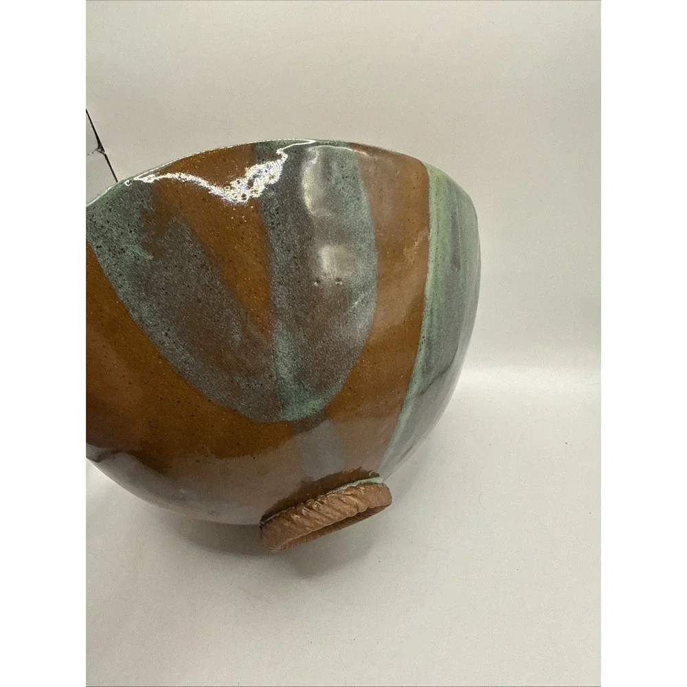 Hand Made Pottery Bowl, Artist Signed JS Blue Green Color Embossed 9.5